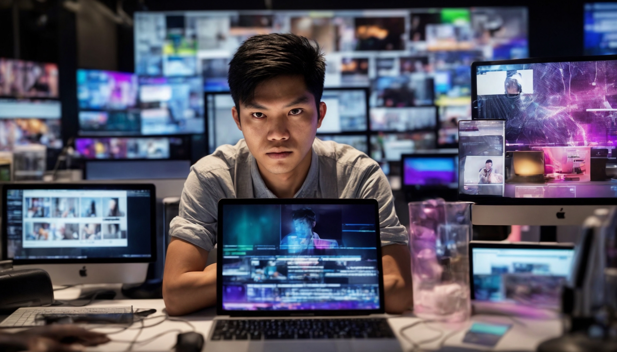 Jurnalis teknologi menganalisis tren viral di internet melalui layar smartphone di ruang redaksi modern