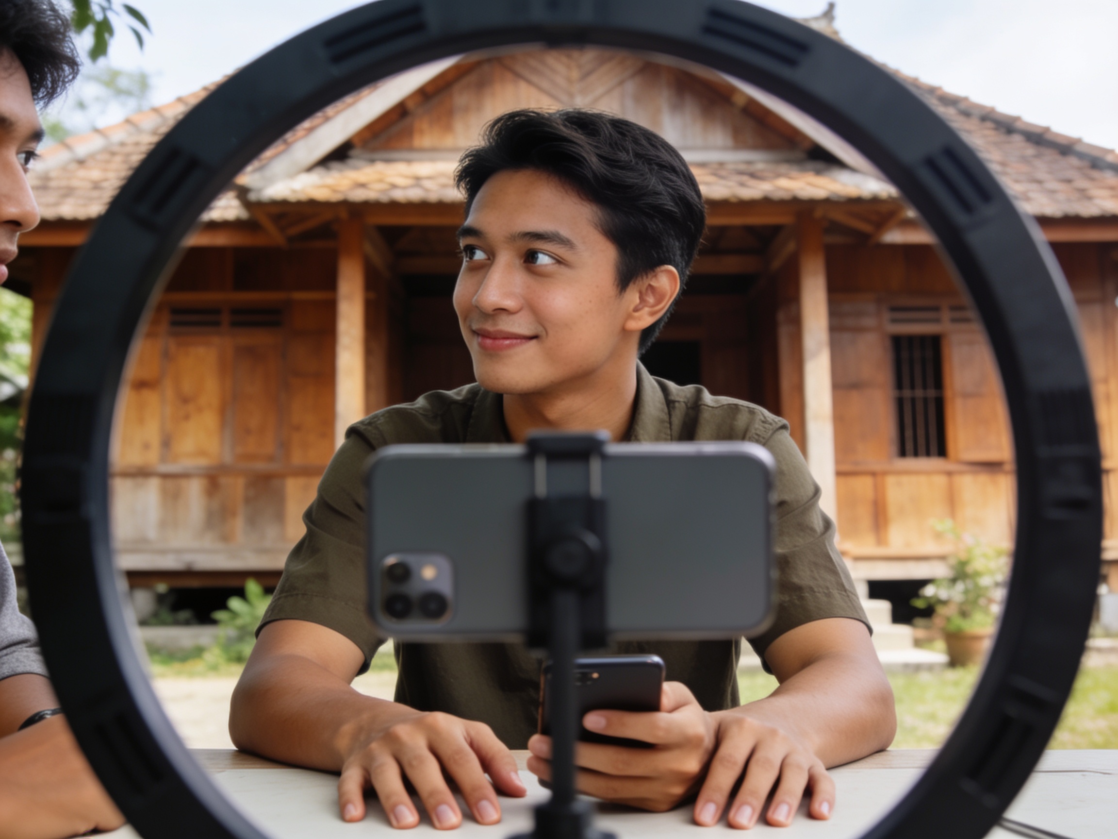 Kreator konten Indonesia memegang smartphone di depan rumah tradisional kayu.