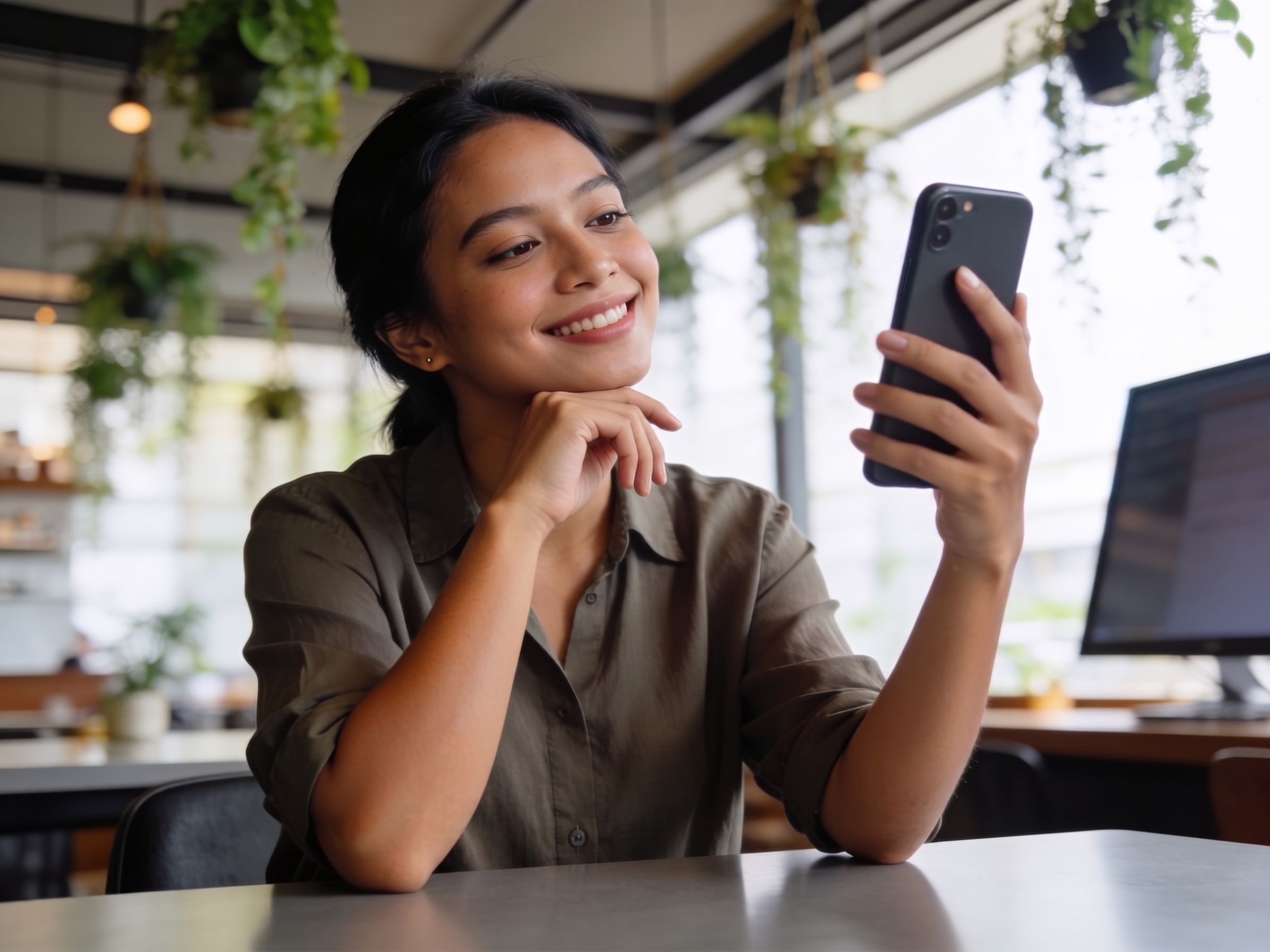 Perempuan Indonesia memegang smartphone merefleksikan evolusi budaya populer digital di kafe modern.