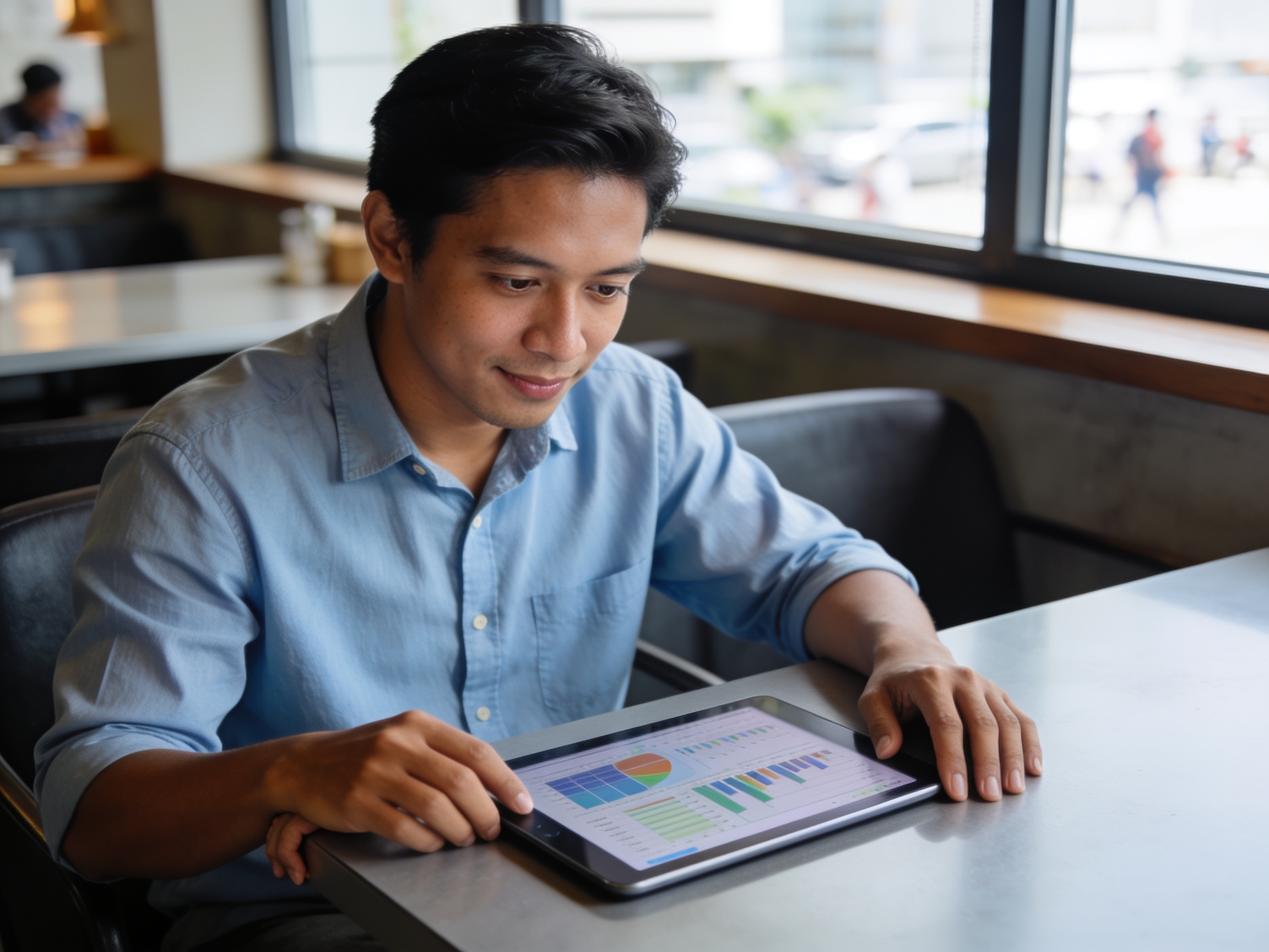 Pria Indonesia mempelajari data analisis dampak teknologi pada budaya digital di kafe modern.