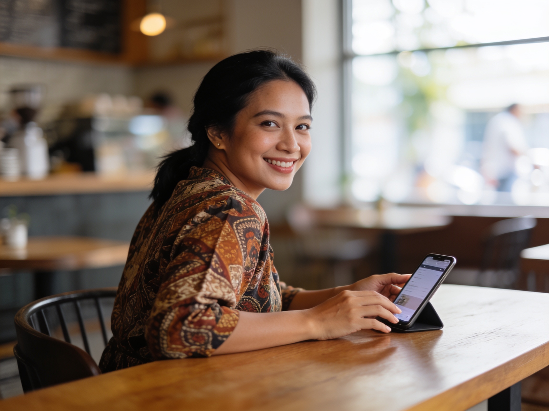 Wanita Indonesia tengah mengakses tren teknologi viral populer melalui smartphone di sebuah kedai kopi modern.