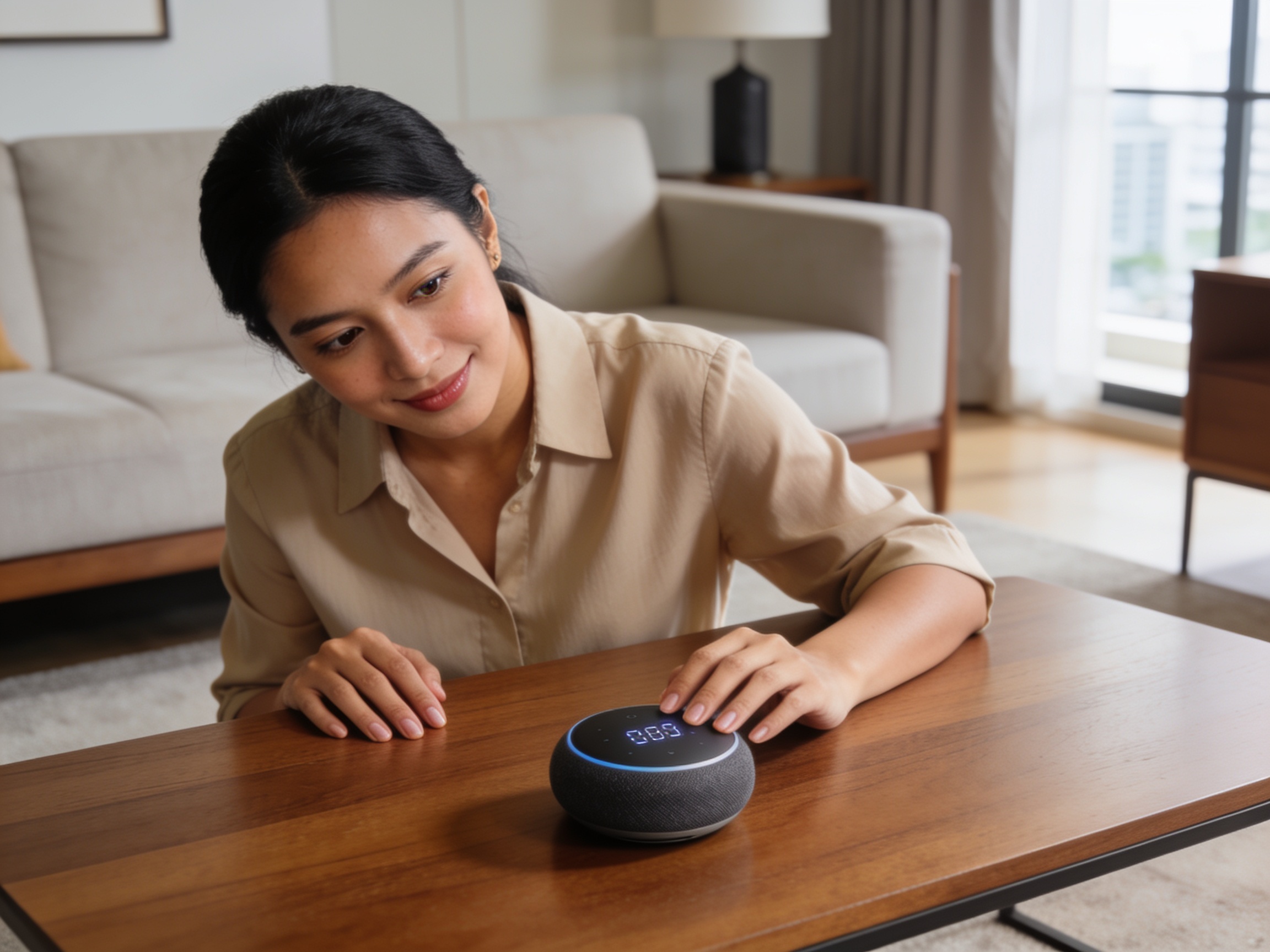 Wanita Indonesia memeriksa asisten rumah digital sebagai simbol perubahan gaya hidup digital di ruang tamu modern.