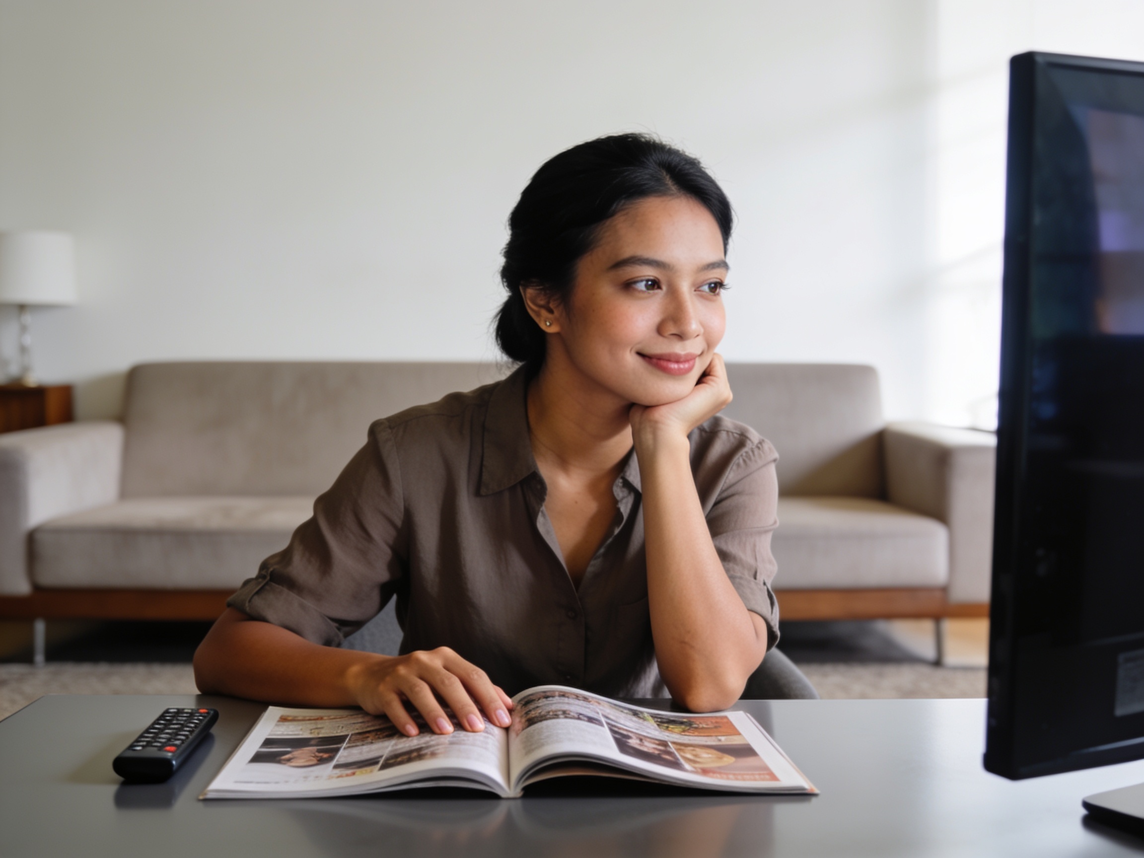 Wanita Indonesia membaca majalah di ruang tamu modern mencerminkan tren hiburan digital masyarakat