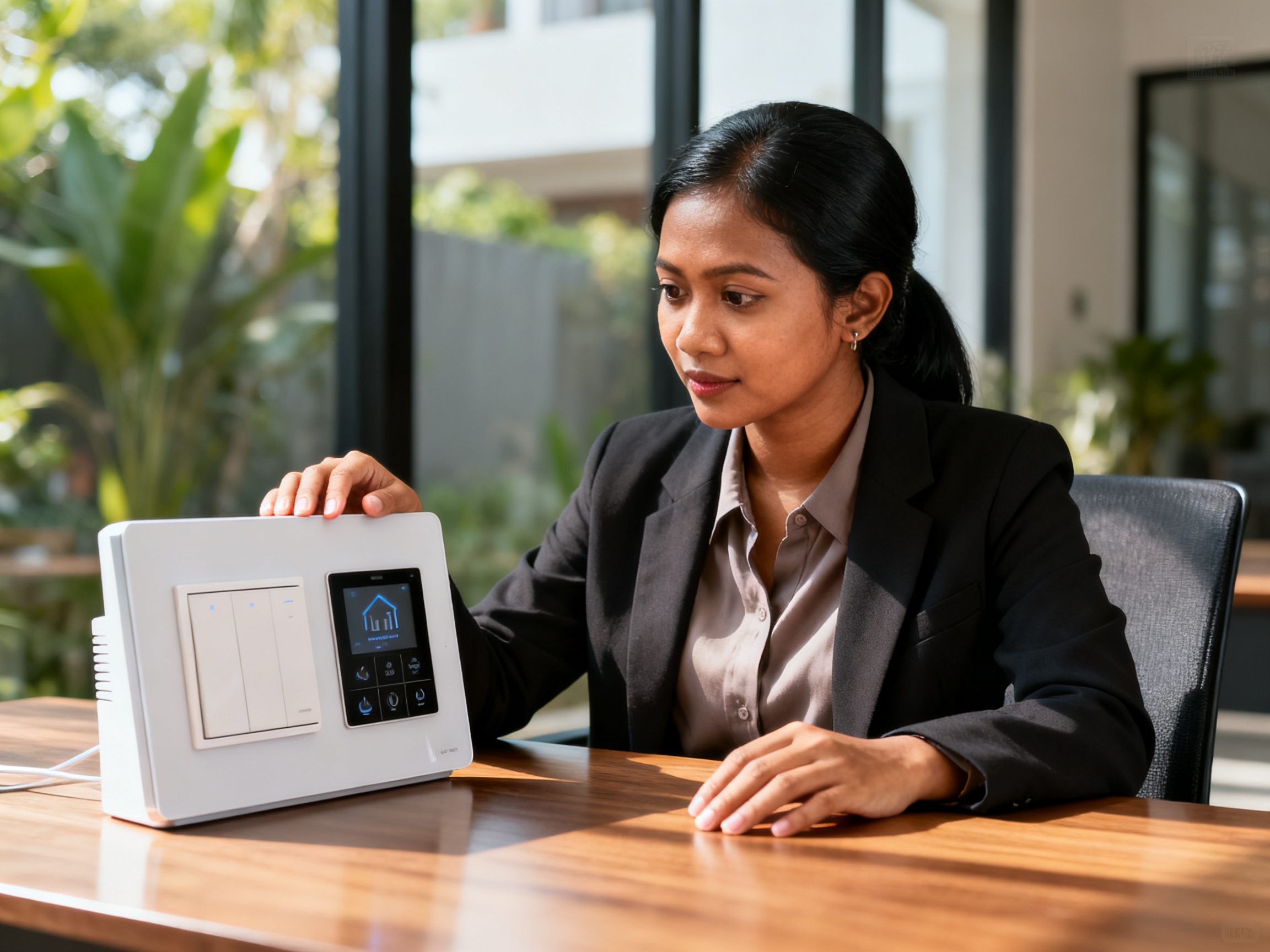 Indonesian woman memeriksa panel kontrol smart home, mencerminkan pengaruh teknologi modern gaya hidup